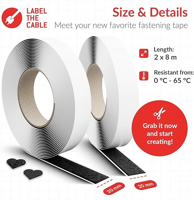 Easy Tape Strap – Self-Adhesive & cuttable Hook and Loop Tape 8m x 20mm 2-Pack – Removable Hook and Loop Fastener roll for Indoor use – Fastener Tape for fastenings & DIY Projects (LTC 1510-8-20)