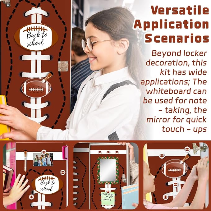 Demonwer 11 Pcs Locker Accessories Kit Rugby Themed Magnetic Whiteboard Mirror Pen Holder Rugby Stickers for Back to School Essentials Locker Decorations