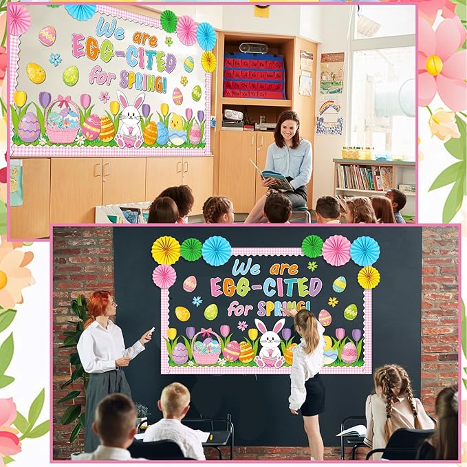 Easter Spring Bulletin Board Decorations Set Easter Bunny Egg Classroom Decorations with 3D Paper Fans We are Egg Cited for Spring Floral Peeps Cutouts for School Church Office Chalkboard Wall Decor
