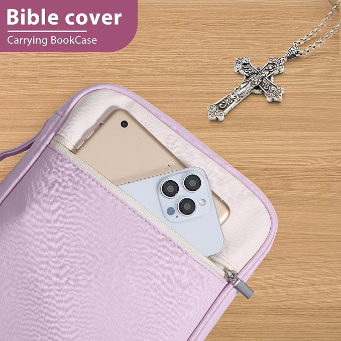 GERMUN Bible Cover with Durable Handle, Carrying Book Case Church Bag Bible, Protective with Zippered Pocket, Bible Accessories Supplies, Book Protector for Book Lovers, WhitPurple