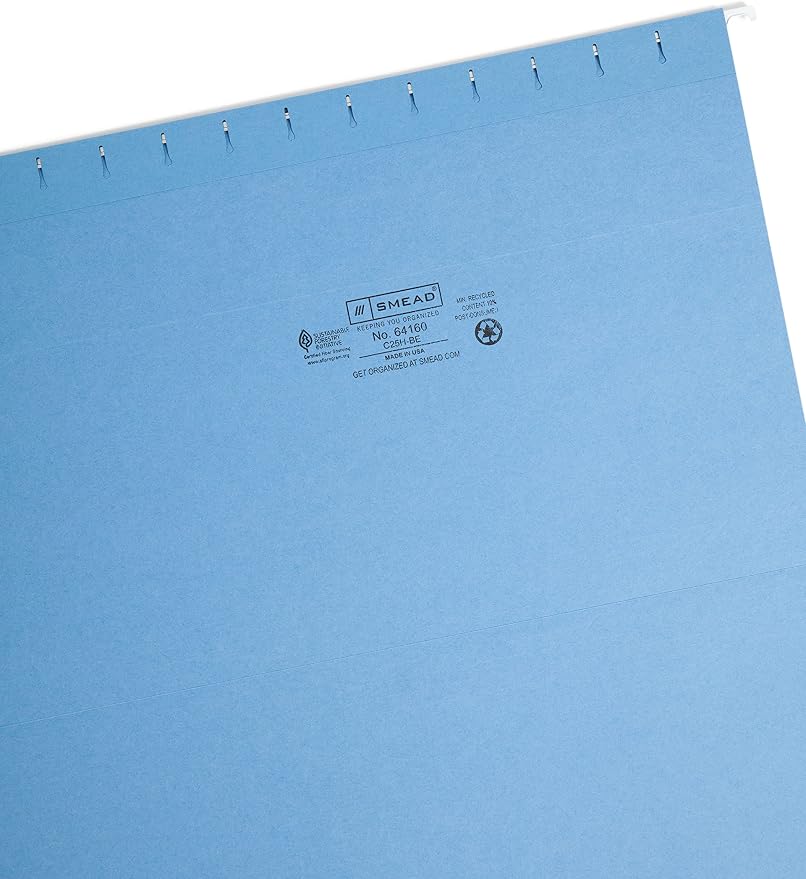 Smead Hanging File Folder with Tab, 1/5-Cut Adjustable Tab, Legal Size, Blue, 25 per Box (64160)