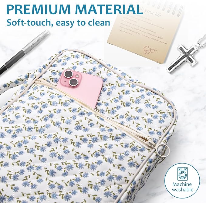 Large Bible Cover Case for Women,Quilted Bible Bag with Sturdy Handle,Bible Carrying Case for Girls Bible Study Supplies (Blue Flower, Large)