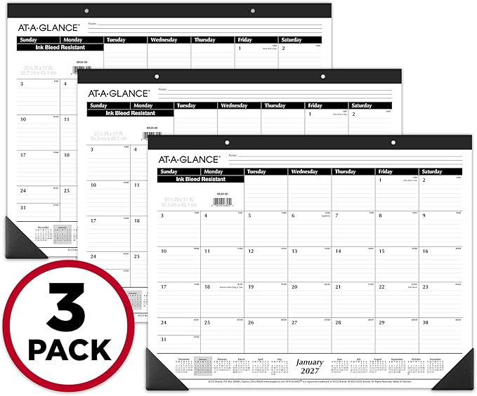 AT-A-GLANCE 2027 Desk Pad Calendar, Monthly Desk Wall Planner, 21.75" x 17", Ruled Blocks, 3 Pack (AZSK240027)