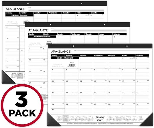 AT-A-GLANCE 2027 Desk Pad Calendar, Monthly Desk Wall Planner, 21.75" x 17", Ruled Blocks, 3 Pack (AZSK240027)