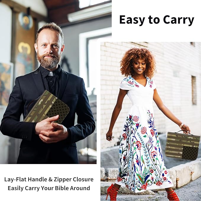Bible Cover for Men,Large Leather Bible Case Fit Book Up to 11x8x2 Inch,USA Flag Camouflage Bible Covers Bible Study Carrier Church Bags w/Handle & Zipper