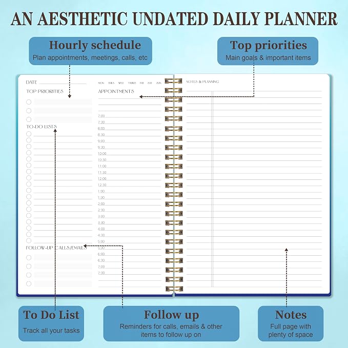 Undated Daily Planner Notebook, 80-Day To Do List Organizer with Hourly Schedule, Day on a Page Agenda Journal for Work, Life Tasks, Women and Men