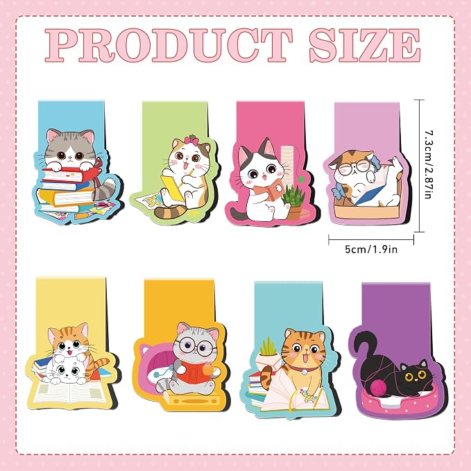 Cat Magnetic Bookmarks: 8 Pcs Cute Cartoon Cat Magnet Book Page Markers, Animal Bookmark Clips for Reading, Gifts for Students Teachers Book Lovers Office School Supplies