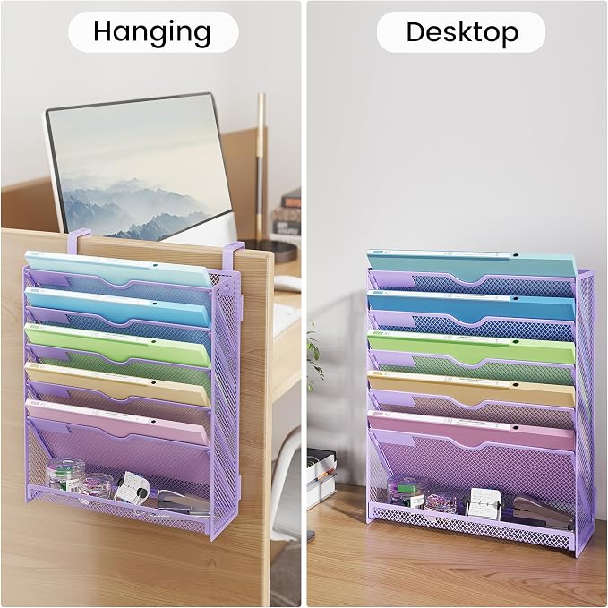 Hanging Wall File Organizer, 6-Tier Purple Desk Organizer with Metal Mesh, Foldable Document Organizer for Office Desk, Wall Mount Magazine Rack for Mail/Books/Tablet