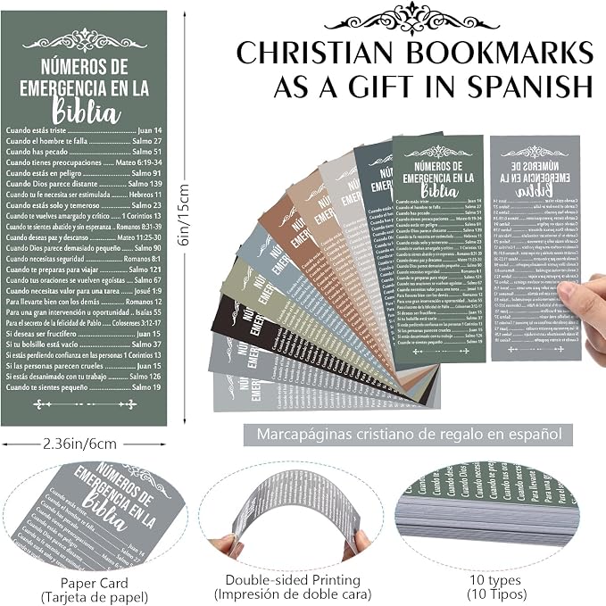 Motiskyy 100 Pcs Spanish Bible Emergency Numbers Bookmark Christian Church Gift 6 x 2.36 Inches Religious Fathers' Day Gift for Church Favor Welcome Sunday School Teacher(Morandi Color)