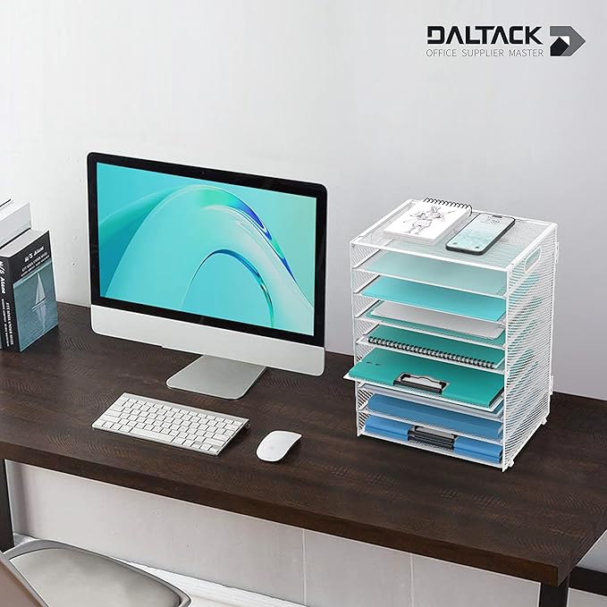 DALTACK 9-Tier Paper Organizer for Desk, Mesh Letter Tray Desk Organizer with Handles, Space-Saving File Organizer for Office Home School, White