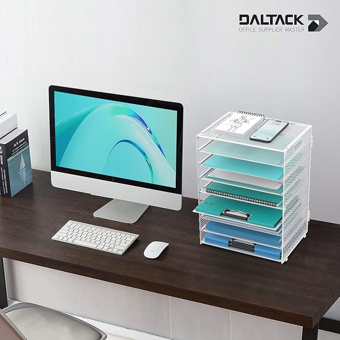 DALTACK 9-Tier Paper Organizer for Desk, Mesh Letter Tray Desk Organizer with Handles, Space-Saving File Organizer for Office Home School, White 2 Pack