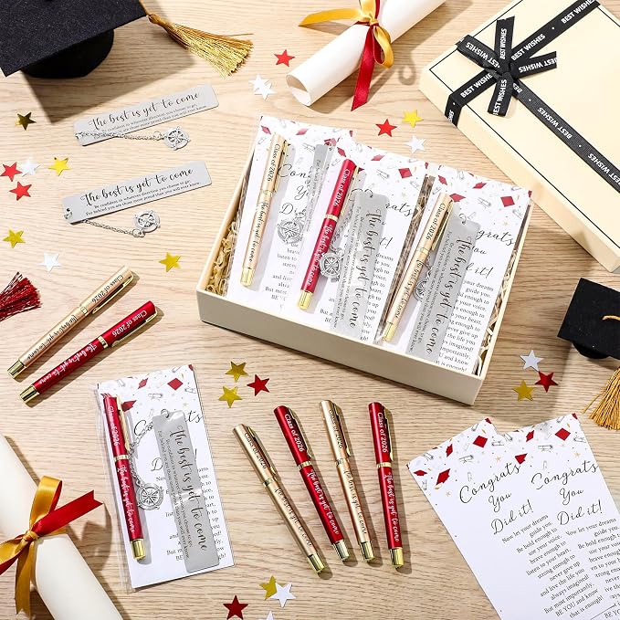 Affrolling 12 Sets Class of 2026 Graduation Gifts Bulk – Graduation Pens, Compass Bookmarks, Cards & Clear Gift Bags, Inspirational Party Favors for Students & Teachers(Red,Gold)