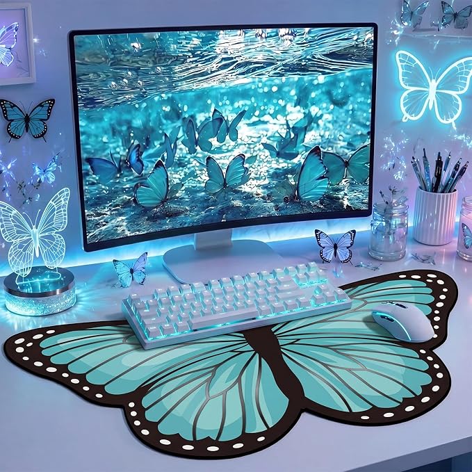 Tellegloww Large Teal Butterfly Gaming Mouse Pad Desk Mat Decorative Butterfly Keyboard Desk Mat with Non-Slip Base Table Accessories for Office Home Study 35.43 x 15.75 Inches