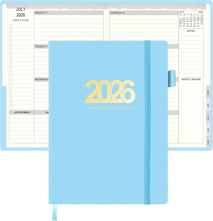 TIIKKASI 2026 Calendar Year Planner Weekly Monthly (Jan - Dec) 6'' x 8.5'' - Lined Journal Notebook Minimalist Agenda Notes, Linen Cloth Book Bound Hard Cover, For School Business Office, Blue