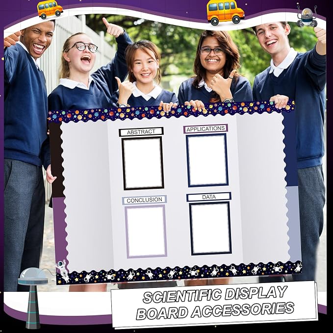 Fuyoooo 90 Pcs Science Fair Board Supplies 60 Trim Scalloped Bulletin Borders 24 Presentation Board Subtitles 6 Science Fair Titles for Classroom Display Boards(Space)