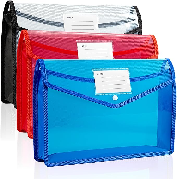 Plastic Expanding File Folder, Folders for Documents, Transparent Envelopes with Elastic Closure, File Folder Organizer Holder, Large Capacity, Fit Letter/A4 Size (3Pcs)