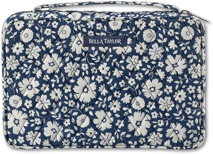 Bella Taylor Small Bible Cover for Women - Quilted Cotton Bible Case for 6 x 9 inch Books - Bicolor Floral Navy
