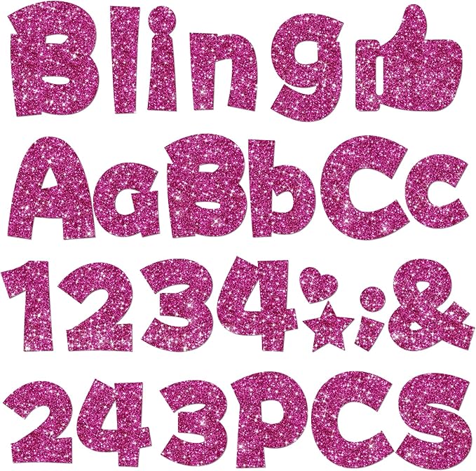243 Pcs Glitter Bulletin Board Letters Set, 4 Inch Alphabet Poster Board Cardboard Cutouts with Numbers and Punctuation, Classroom School Wall Display Decorations (Hot Pink)