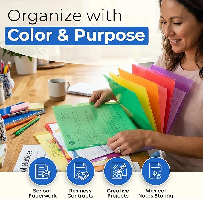 Dunwell Clear Plastic Folders for Documents (12 Pack, Assorted Colors) - Letter Size Plastic File Folder Sleeves 8.5x11 - Durable & Tear-Resistant Poly Document Folder Jackets for School Office & Home