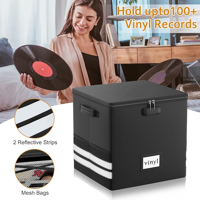 Onvvippiv Vinyl Record Storage Box with Lock, Fireproof Waterproof Resistant Organizer for 100+ 12-Inch Records - Collapsible Storage Box with Handles for Album Collection - Black
