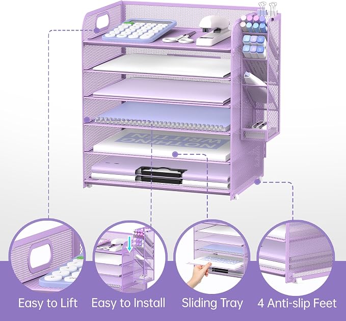 SUPEASY 6 Tier Paper Organizer with 4 Pen Holders, Mesh Letter Tray with Handle, A4 File Organizer, Purple