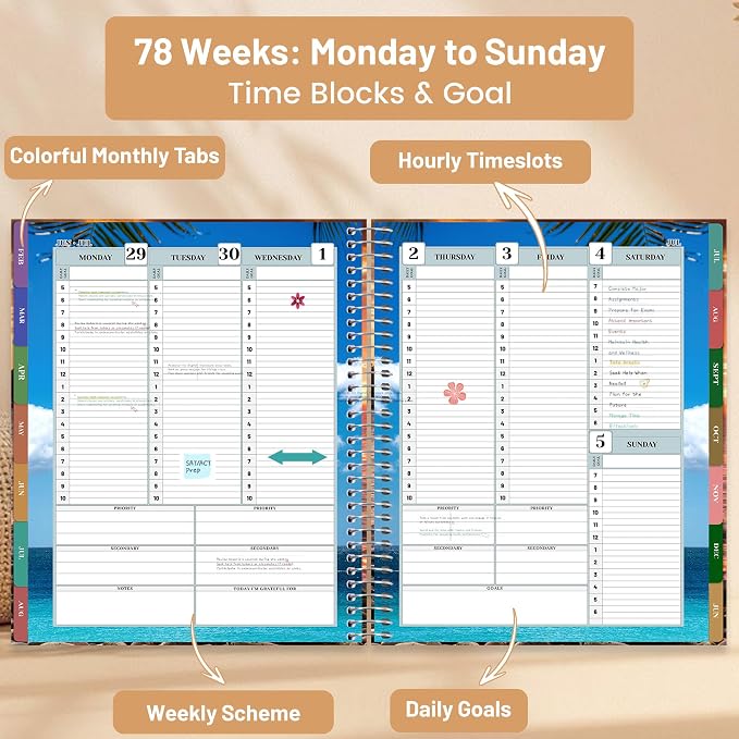 CAGIE Planner 2026-2027 Weekly and Monthly,18 Month (Jul. 26-Dec. 27) Planners Calendar with Hourly Timeslot, 10"x11.5", Large Hardcover Spiral Daily Planner with Tab for Work, Home, Teacher, Purple