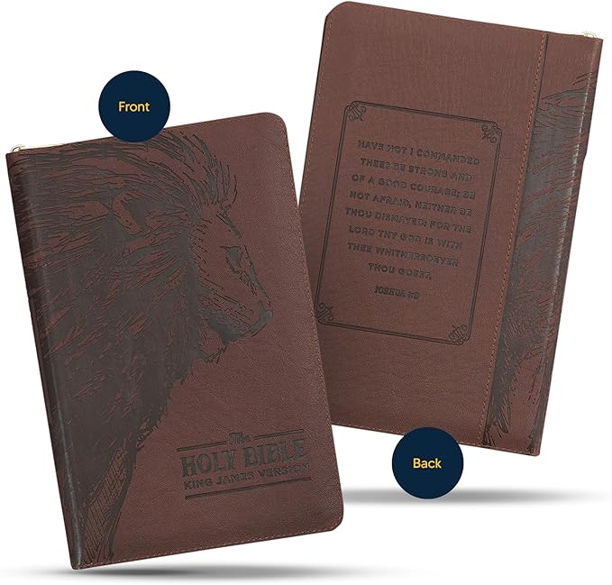 Personalized KJV Deluxe Holy Bible Walnut Brown Faux Leather Medium Print Size with Lion Head Design, Zipper and Index Tabs Custom with Name, Date or Text | Gift for Christian & Religious Celebrations