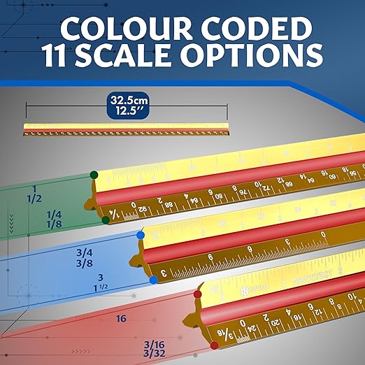 12" Aluminum Architect Scale Ruler Laser Etched Triangle Drafting Ruler, Color Coded Grooves for Blueprint, Drafting and Drawing, Architectural Scale Ruler for Blueprints (Yellow, Imperial Units)