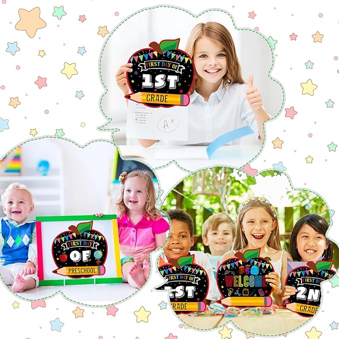 Pasimy 16 Pcs First and Last Day School Grad Signs Reversible Reusable Paper Apple Chalkboard Signs Back to School Photo Prop Preschool Kindergarten 1st-12th Grades to College for Kids Girl Boy