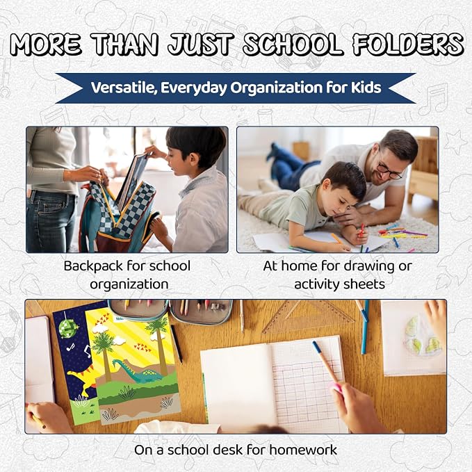 8 School Folders - Cute Pocket Folders with 8 Unique Dinosaur Designs in Front, Back Cover and Inside - Kids Pocket Folders - Homework Folders - Dinosaur Folders - 12 x 9.25 Inches (Pack of 8)