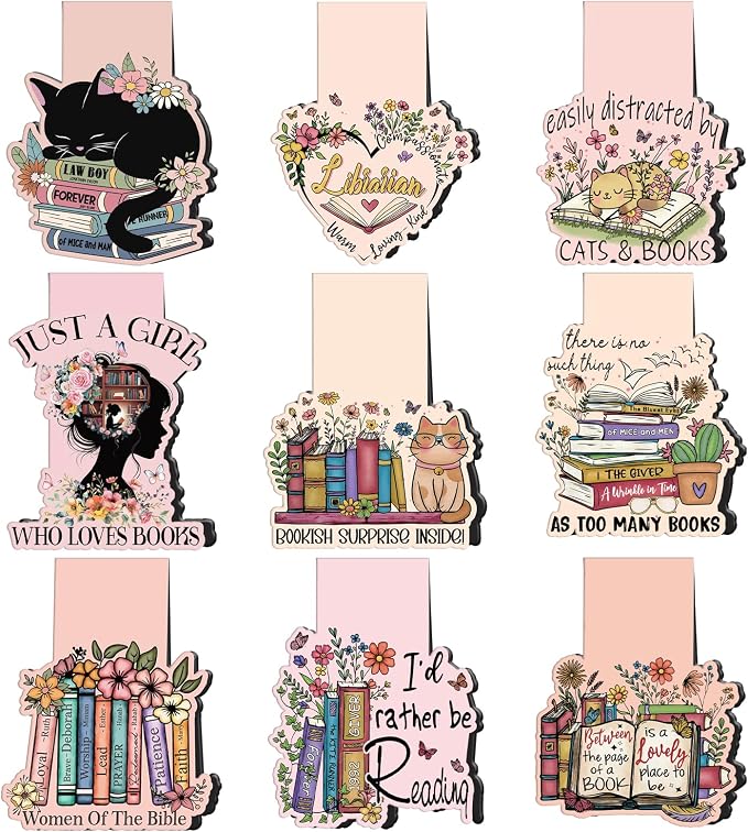 Wxiben Book Lovers Magnetic Bookmark - 9 Pcs Funny Reading Bookmarks Magnets Retro Bookish Floral Book Mark Magnetic Book Mark Page Markers Clip Gifts for Women Men Book Lovers Students Teacher