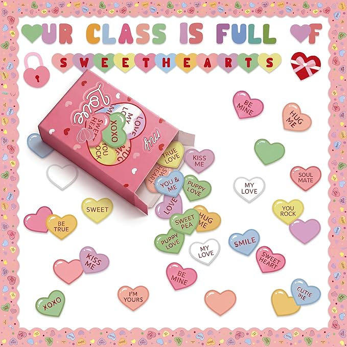 Gueevin 100 Pcs Valentine's Day Bulletin Board Set 3D Sweetheart Box with Conversation Heart Stickers Decorations Our Class Full of Sweethearts Cutouts for Valentine's Office School Classroom Decor