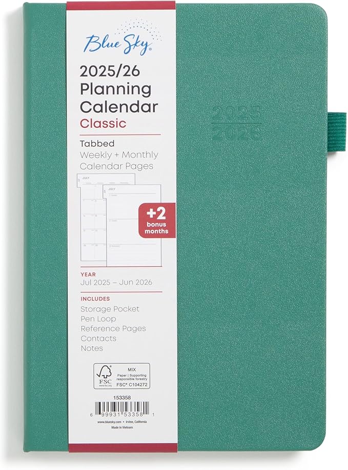 Blue Sky 2025-2026 Weekly and Monthly Academic Year Planner Calendar, July 2025 - June 2026, 5" x 8", Faux Leather Hard Cover, Bookbound, Laminated Tabs, Storage Pocket, Rio Green