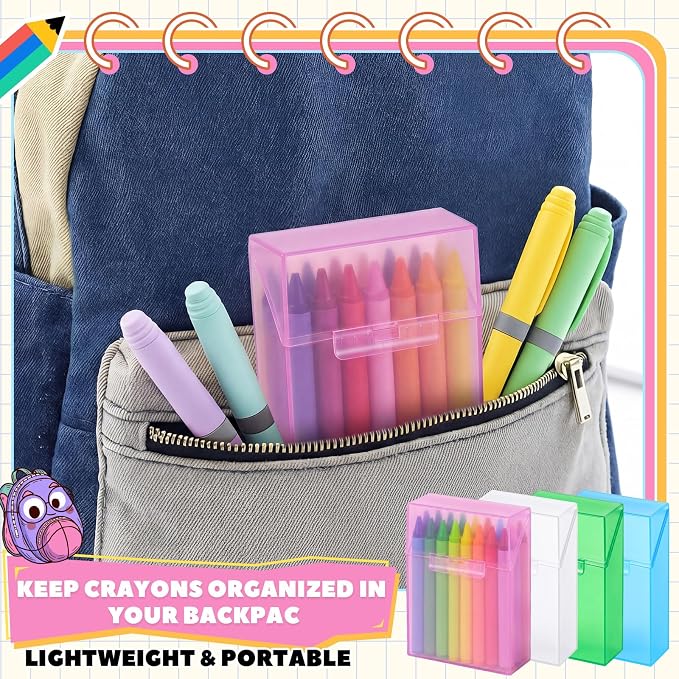 Clabby 4 Pcs Plastic Crayon Organizer Case for 24 Count Crayons Kids Art Supply Storage Box with Lid, Portable Holder for Classroom Home Travel, Fits Standard 24-Pack Crayon (Pink,Blue,Green,Clear)