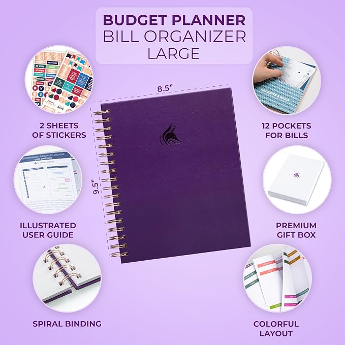 Clever Fox Budget Planner & Monthly Bill Organizer With Pockets. Expense Tracker, Budgeting Journal & Financial Book. Large, 8x9.5" (Purple)