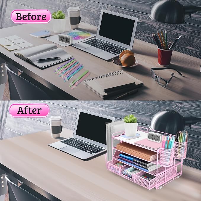 ATOMUS 4 Tier Desk Organizer, File Organizer Drawer Organizer with 2 Hanging Pen Holders Accessories & Workspace Organizers for Office Supplies Pull-Out Design (Pink)