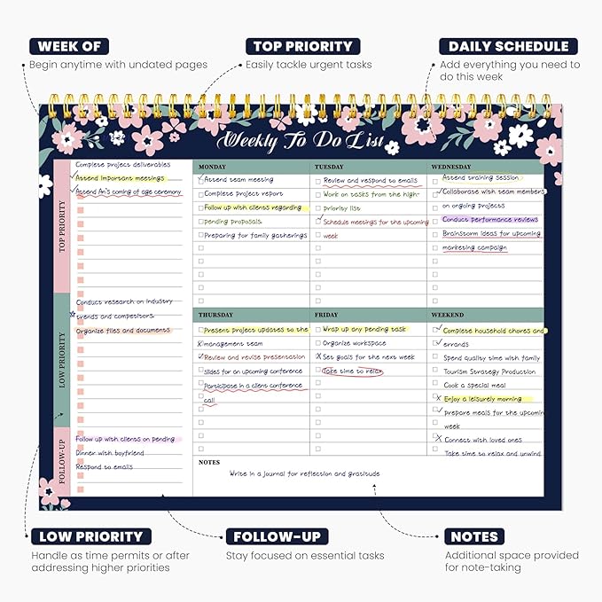 Weekly To Do List Notepad with 52 Undated Sheets（8.5"×11"）- Undated Weekly Planner Notepad for Office Desk Accessories and Supplies - Navy Blossom