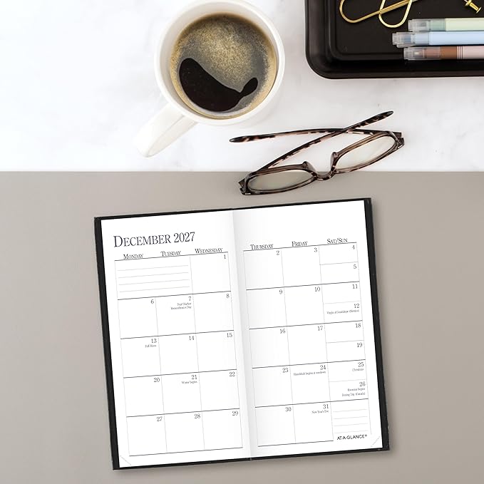 AT-A-GLANCE 2027 Planner, Weekly & Monthly, 3" x 6", Pocket Size Fine Diary, Faux Leather Hardcover, Black (72020527)