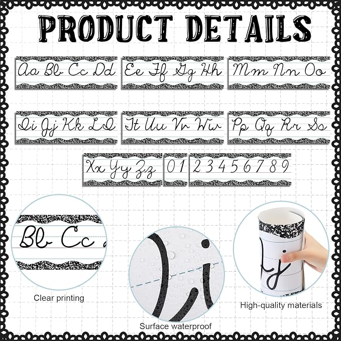 Set of 9 Cursive Writing Bulletin Board Cursive Alphabet Wall Strip for Teacher Supplies, Classroom Teaching Tool, Homeschooling, Kids Education (Composition)