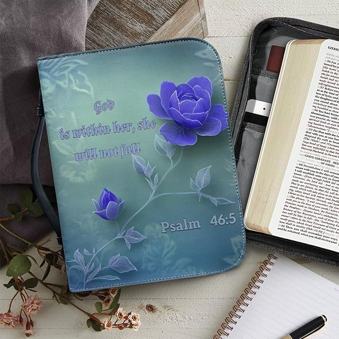 PU Bible Covers for Women Girls Large Bible Case with Handle Bible Bag with Leather Bookmark (Set of 1),Purple Flower Scripture,X-Large