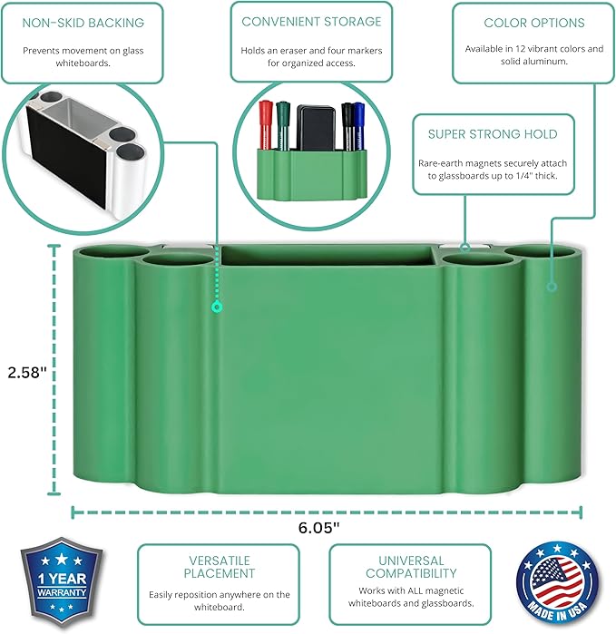 Glassboard Studio Magnetic Dry Erase Marker Holder - Super Strong for Magnetic Glass Whiteboard or Fridge - 2 Large Neodymium Magnets - No Slip Grip - Eco-Friendly PLA Plastic (Spring Green)