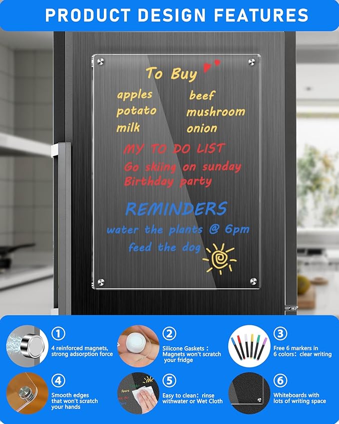 Clear Acrylic Magnetic Dry Erase Board for Fridge,12"x8" Magnetic Whiteboard for Fridge, Magnet Weekly Planner Calendar for Refrigerator Includes 6 Colors Markers