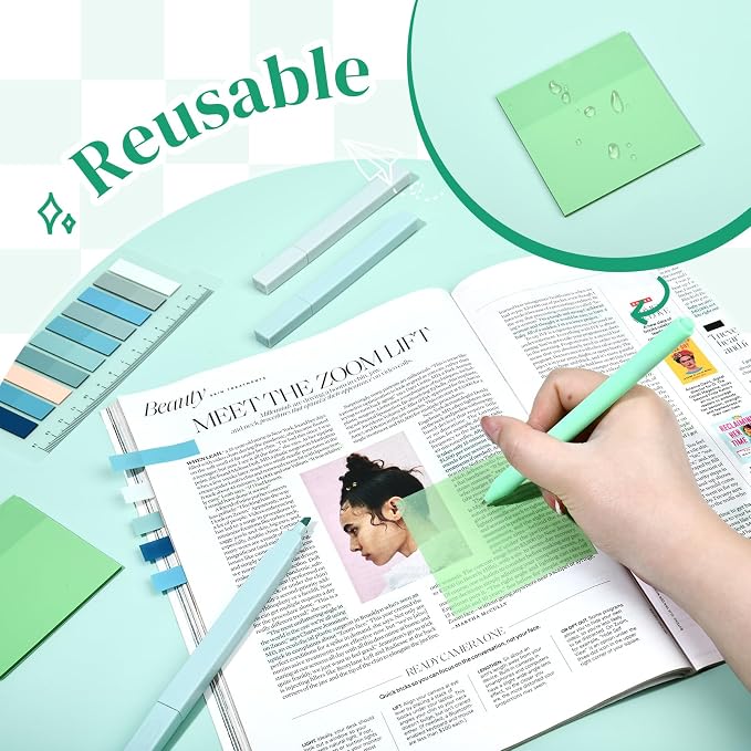 14 PCS Aesthetic Book Annotation Kit Large Checkered Pencil Case Book Lover Bookmark Dual Highlighters Gel Pens Study Supplies Stationary Set for Student Green