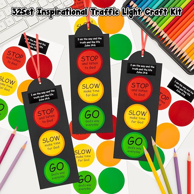 32Sets Inspirational Traffic Light Craft Kit Bulk Bible Scripture John 14: 6 Paper Crafts Make Your Own Sunday School DIY Bookmarks for Kids Classroom Home Easter Christian Religious Party Favor