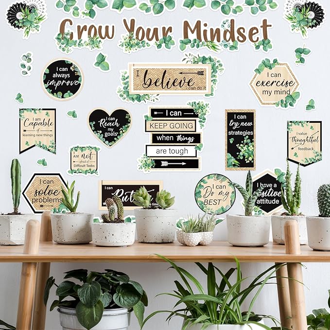 FYSUIMU 42Pcs Grow Your Mindset Bulletin Board Set Eucalyptus Leaves Greenery Paper Cutouts with 100Pcs Glue Points for Back to School Party Classroom Craft Wall Decor