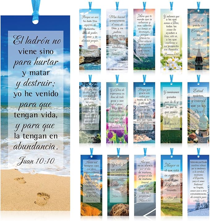 Yaomiao 128 Pcs Spanish Bible Verse Bookmarks Natural Scenery Landscape Christian Scripture Bookmark with Ribbon Inspirational Book Page Markers for Book Lovers Church Prayer Religious Gifts