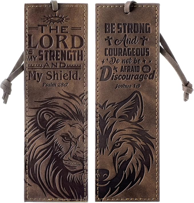 Tinlade 2 Pcs Wolf Lion Leather Bible Bookmark Christian Bookmarks Gifts for Men with Psalm the Lord is My Strength Inspirational Bible Leather Book Marks for Reading Men Religious Father's Day Gifts