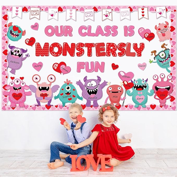 gisgfim Valentine's Day Monster Bulletin Board Set Decorations Valentines Classroom Decor Love Heart Monster Cutouts for School Home Chalkboard Wall Door Party Supply (Our Class is Monstersly Fun)