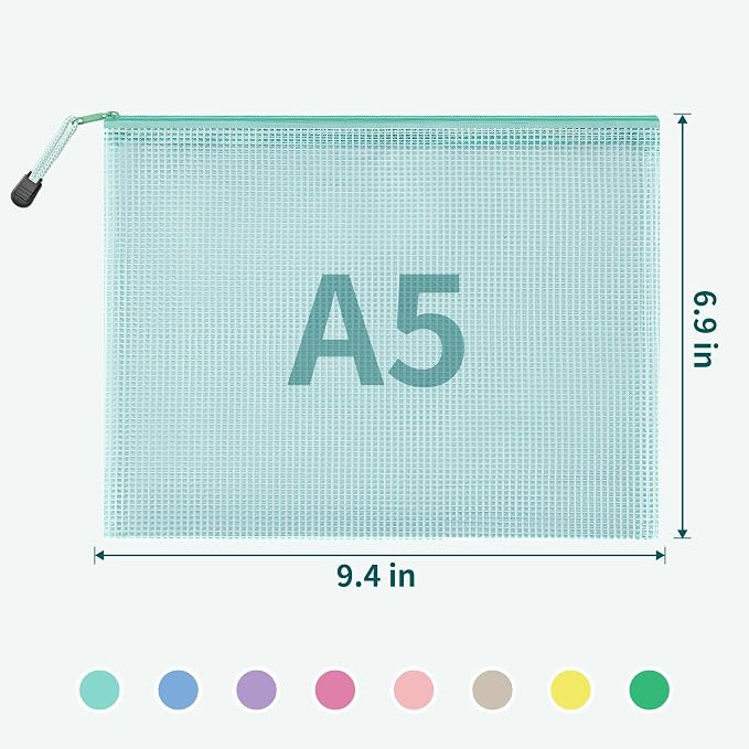 JARLINK 16pcs Mesh Zipper Pouch for Organizing, A5 Size Waterproof Zipper Storage Bags, 8 Colors Plastic file Pouch, Multipurpose for Travel, School, Board Game, Puzzles, Office, and Home Organize