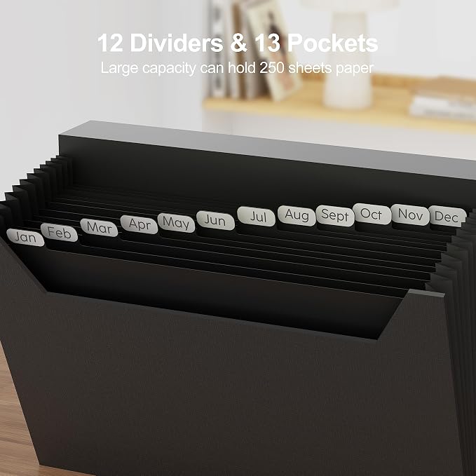 JiaWei Folder with Pockets, Accordion File Organizer with Magnetic Closure, A4 Letter Size Black File Folder